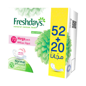 Freshdays Daily Comfort Daily Pantyliners Normal Mega Pack (with 20 Free) 72Units